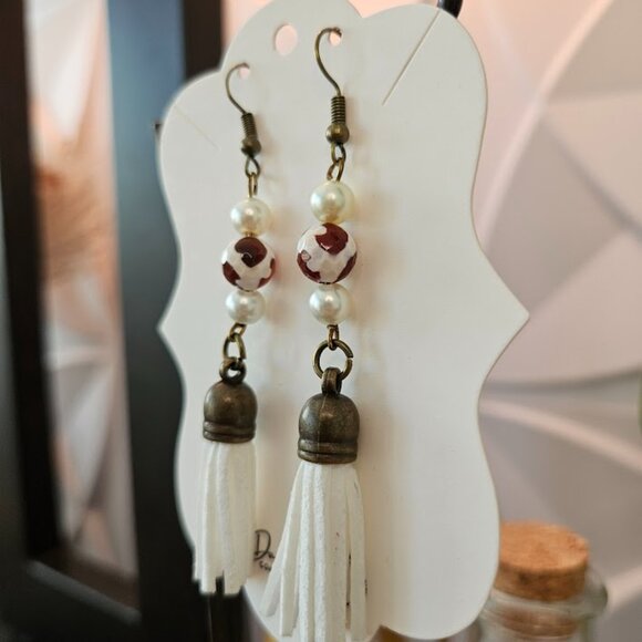 Western Lightweight Cow Print, White leather Beaded Dangle Earrings - Picture 2 of 4